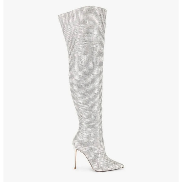 STEVE MADDEN Skyscraper Rhinestone Bling Silver Over The Knee Heels Boots Sz 6.5 - Picture 2 of 16